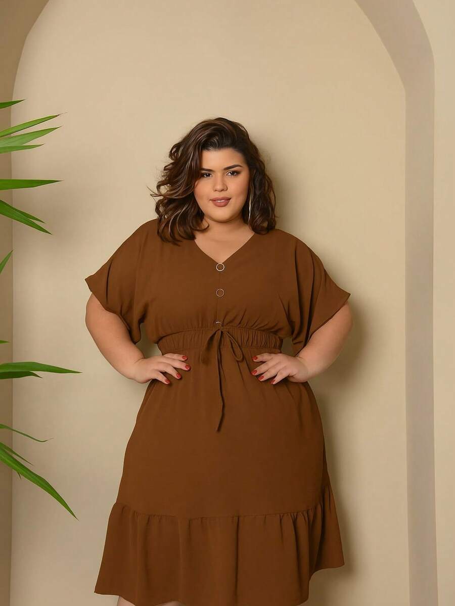 Batwing Dress Plus Size Midi Short Sleeve Duna Fabric Size U/G1 From 44 To 50 With Front Buttons Fashion Elegant Simple Casual Elegant Party Ruffle Hem Buttons On The Front Knot Wedding - 鏽棕色 - 查看 1