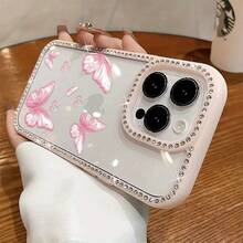 Funda para teléfono con mariposas rosas, delicadas cerezas flotando suavemente y brillo, de doble cara. Funda brillante 11/12/13/14/15/16 con pegatinas de joyas |/ Regalos de cumpleaños - Rosa - Ver 1