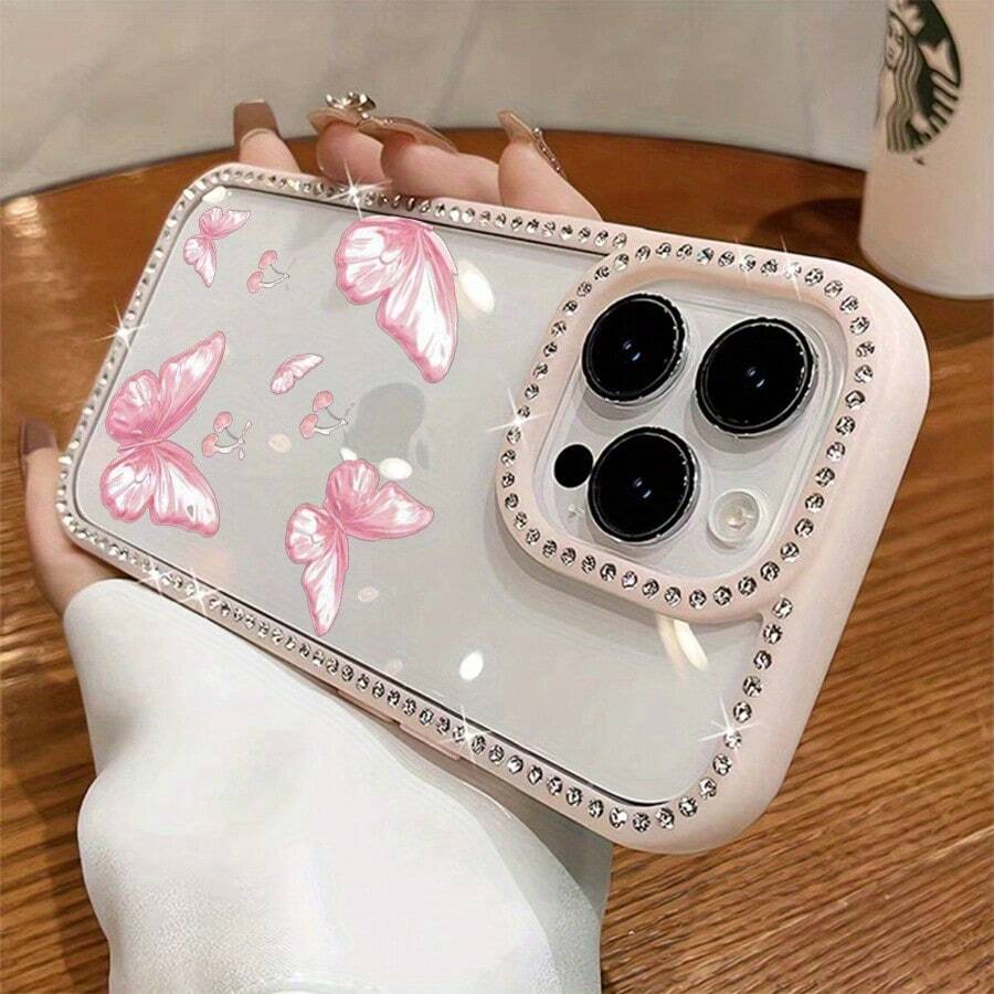 Funda para teléfono con mariposas rosas, delicadas cerezas flotando suavemente y brillo, de doble cara. Funda brillante 11/12/13/14/15/16 con pegatinas de joyas |/ Regalos de cumpleaños - Rosa - Ver 1