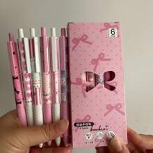6pcs, Pink Bow Quick Dry Gel Pen, 0.5mm Fine Tip, Smooth Writing, Suitable For Office & Classroom Supplies, Adults Home Office Family Education Classroom Writing Writing Writing Special Universal Writing Pen For Final Exam Gel Pen Ballpoint Pen Set, Holiday Stationery Gift Gifts,Back To School