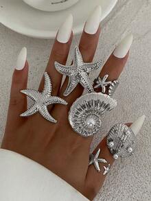 6pcs Exaggerated Ocean Elements Shell, Fan Conch, Starfish Design Rings, Vintage Bohemian Faux Pearl Decor Alloy Adjustable Rings Set, Personalized Unique Design For Women Daily & Holiday Wear - Starfish Ring - View 14
