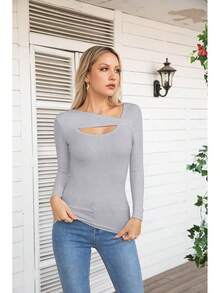 Womens Fashion Fall Cutout Long Sleeve Ribbed Slim Fitted Tops Shirts Tee Tshirts - Long-grey - View 2