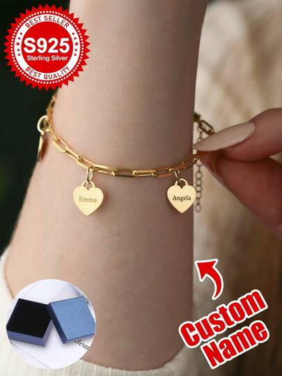 1 pieza Pulsera de plata de ley S925 con dije personalizado con forma de corazón - Joyería personalizada para novias, hermanas, mejores amigas - Personalizable con 1 a 5 nombres - Ideal para cumpleaños, aniversarios, looks de moda diarios, citas románticas y ocasiones para guardar recuerdos