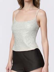 Women's Sparkle Cami Tops Sleeveless Spaghetti Strap Square Neck Sequin Camisole Party Rave Tops - White - View 7