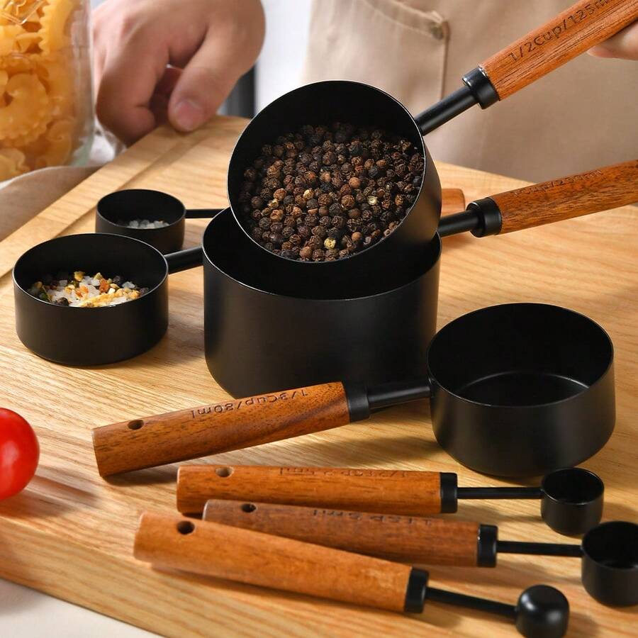 8pc Stainless Steel Measuring Cup And Spoon With Rosewood Handle, Durable Kitchen Baking Tools Including Spice Spoon And Coffee Spoon, Nested Design For Easy Storage, Suitable For Baking Cooking And Cocktail Making - Bộ 8 món màu đen - Xem 1