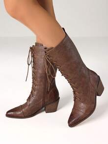 Women's Retro Pointed Toe Boots Fashion Block Chunky Heels Side Zipper Lace-Up Casual Party Dress Fall Vintage Mid Calf Boots Woman - 棕色 - 查看 8