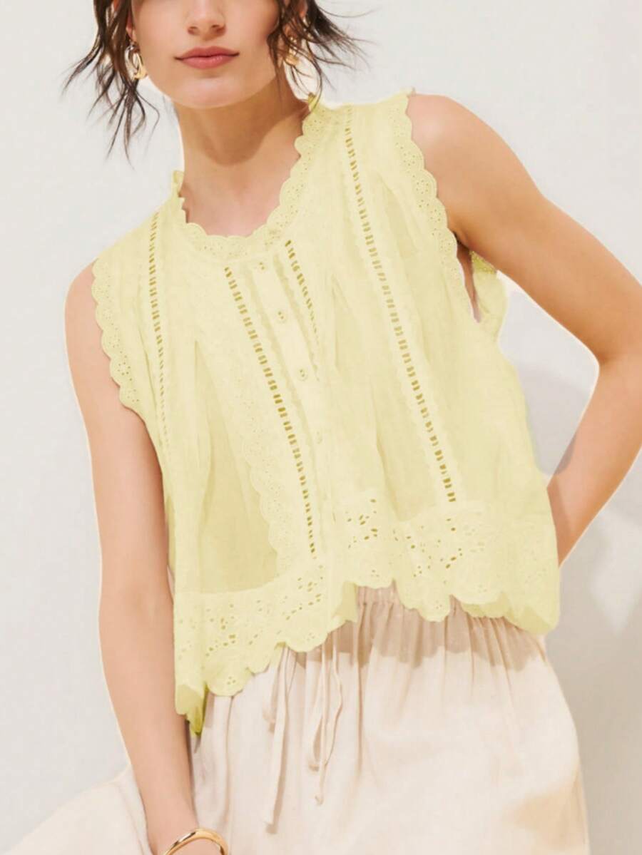 Women Boho Floral Eyelet Button Down Tank Tops Vintage Embroidery Solid Color Ruffle Sleeveless Scalloped Hem Loose Fit Vest Crop Tops Summer Casual Cropped Shirts Going Out Tops Beach Vacation Streetwear - 黃色 - 查看 1