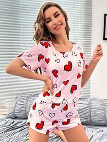 2pcs/Set Women Heart Print Cute Sexy Sleepwear, Round Neck Short Sleeve Top And Shorts Pajamas, Casual Loungewear Set Suitable For Spring, Summer, All Seasons - Multicolor - View 6