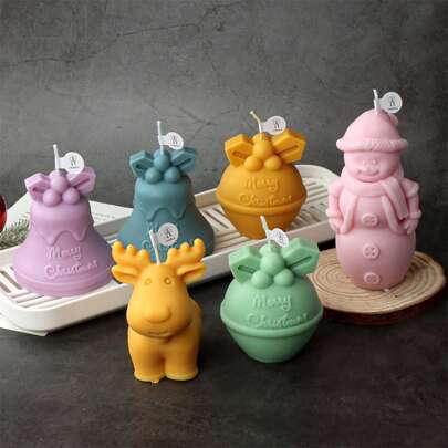 圣诞蜡烛硅胶模具套装 3D 圣诞铃铛麋鹿蜡烛制作工具 DIY 圣诞老人驯鹿形状树脂石膏工艺节日家居装饰粘土模具用于圣诞蜡烛制作混合设计