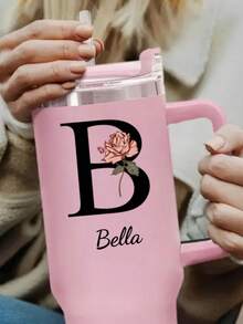 1PC Custom Stainless Steel Water Cup With Handle And Straw, Featuring 26 Letters And Floral Patterns, Ideal Travel Companion, Convenient To Carry, Suitable For Car Use, Pink Water Cup, Perfect Gift For Friends ,Sister,Family.