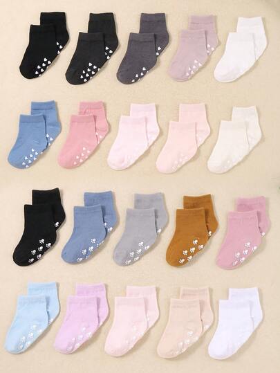 10 双随机婴儿圆点胶踝袜，鞋底带有时尚爱心和小脚印凝胶，适合幼儿室内步行袜，适合男婴和女婴。