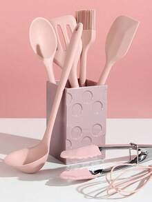 8pcs Silicone Kitchenware Set, Kitchen Non Stick Pan, Spatula, Spoon, Food Clip, Cooking Spatula Storage Bucket, Kitchen Supplies,Used In The Kitchen