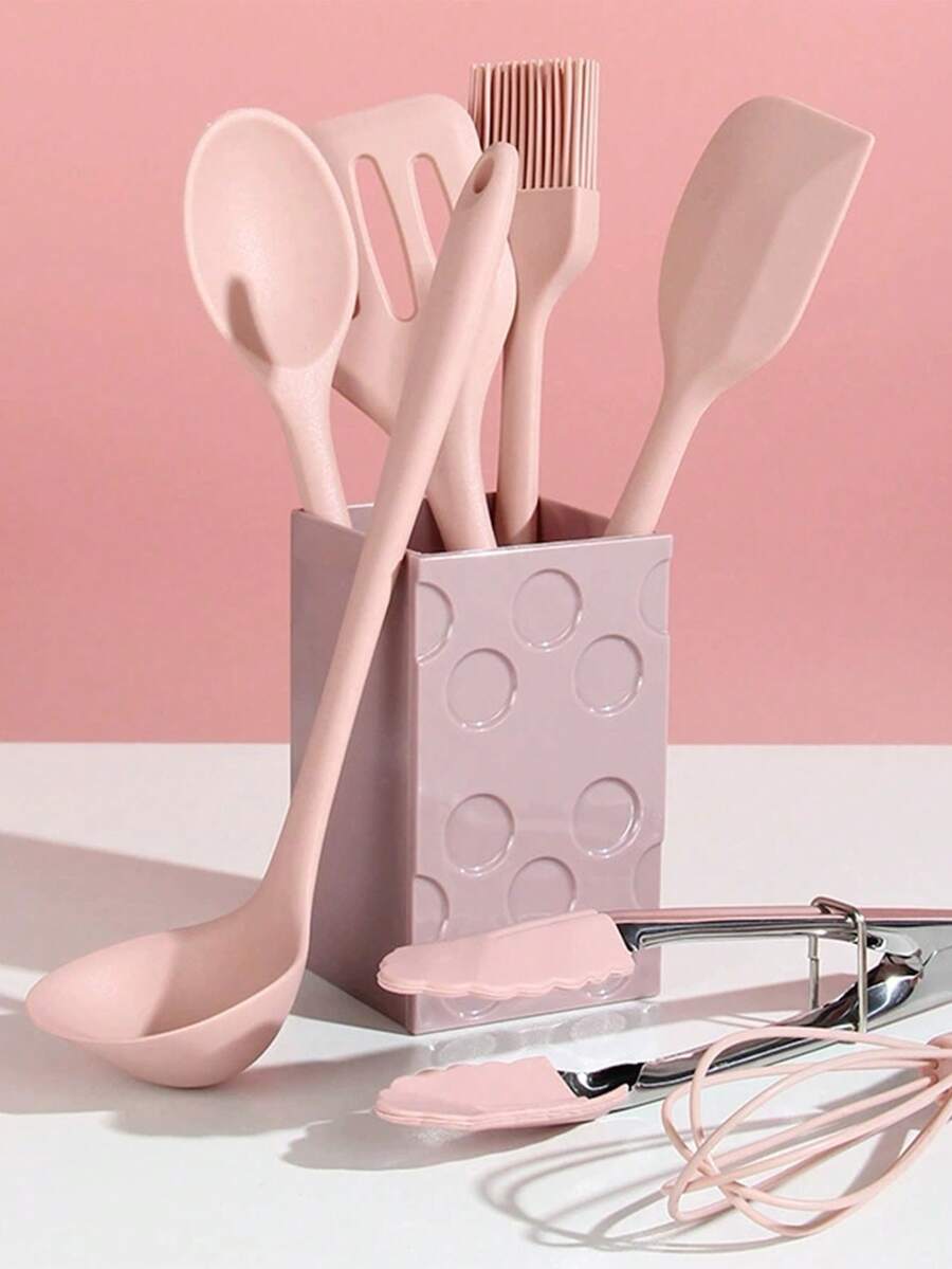 8pcs Silicone Kitchenware Set, Kitchen Non Stick Pan, Spatula, Spoon, Food Clip, Cooking Spatula Storage Bucket, Kitchen Supplies,Used In The Kitchen