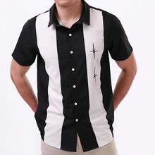 Vintage 1950s Casual Short Sleeve Button Up Contrast Summer Color Block Cuban Bowling Shirts Men - 星星 - 查看 2