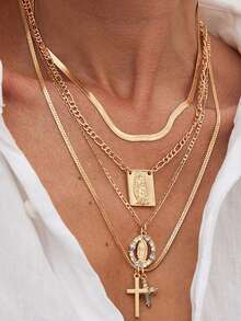 4 件套男女通用高端十字架吊坠多层项链套装，包括蛇骨链、水钻十字架吊坠颈链和多层项链套装 - 女友生日礼物，朋克风格耶稣十字架吊坠项链套装 - 金黃色 - 查看 4