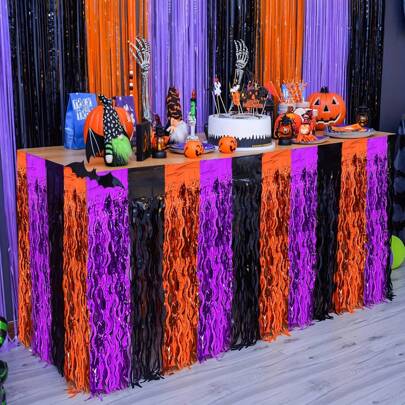 1 pieza Mantel desechable ondulado con elementos de Halloween brillante en negro, naranja y morado, decoración de mesa, Feliz Halloween