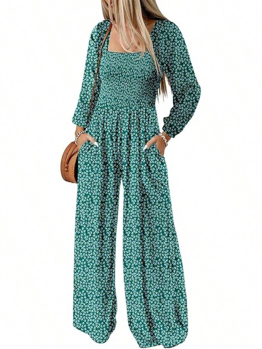 Women's Casual Loose Overalls Jumpsuits Long Sleeve Printed Wide Leg Long Pant Rompers With Pockets - màu xanh lá - Xem 1
