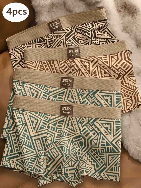 Juego de 4 bóxers para hombre; sin etiquetas molestas; pantalones cortos retro con estampado geométrico; suaves; cintura elástica; ropa interior elástica y ajustada para uso diario