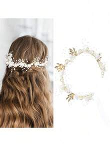 带有人造珍珠和花卉装饰的婚礼头饰，优雅的新娘头饰适合女士头饰 - 彩色 - 查看 8