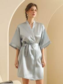 Women's Silk Nightgown Wedding Dressing Robe Lightweight Cardigan Robe Bridal Morning Robe Friend's Robe, Suitable For Home And Hotel Wear. - Light Grey - View 7