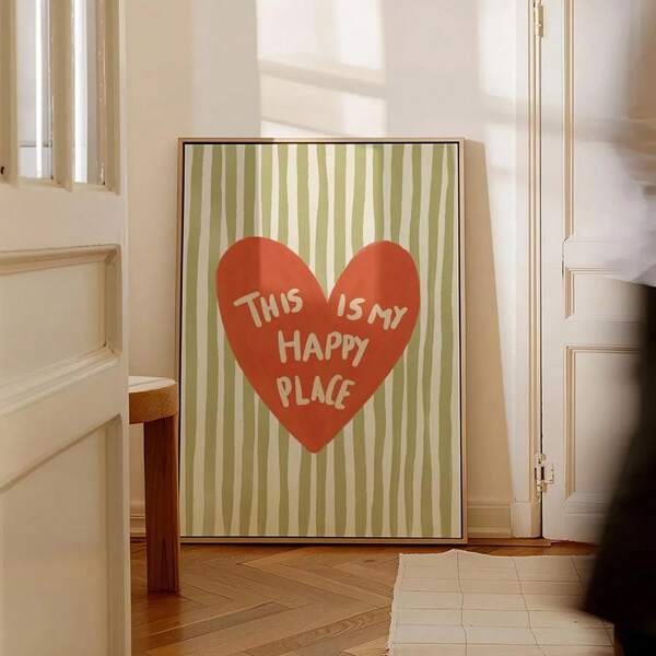 1pc Framed/Unframed This Is My Happy Place Typography Poster Wall Art Canvas Print Green Orange Striped Heart Positive Quote Aesthetic Decor Retro Painting For Apartment,Living Room,Bedroom,Modern Home Decoration