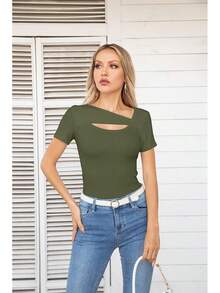 Womens Fashion Fall Cutout Long Sleeve Ribbed Slim Fitted Tops Shirts Tee Tshirts - Short-green - View 6