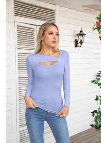 Womens Fashion Fall Cutout Long Sleeve Ribbed Slim Fitted Tops Shirts Tee Tshirts - Long-purple Blue - View 2
