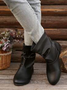 Women Casual Flat Ankle Boots, Retro Solid Color Slip-On Short Boots, Comfortable Outdoor Boots