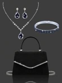 Bolso de mano brillante con diamantes de imitación para mujer, elegante y moderno bolso de mano con solapa, bolso de noche, bolso de fiesta, exquisito bolso de fiesta, bolso de hombro de lujo para mujer, conjunto de tres piezas con diamantes de imitación brillantes, collar, pendientes y pulsera con diamantes de imitación brillantes, ideal para fiestas, reuniones y bailes.