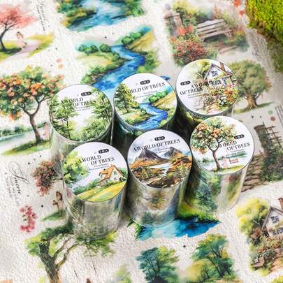 1卷/包“树木景观系列”装饰胶带，以精美的树木和植物为主题，适用于制作景观贴纸、剪贴簿用品、笔记本配件、相框装饰、笔记本电脑/手机壳、杯子、杂志、铅笔盒、桌面装饰贴纸、返校贴纸、学习用品等。
