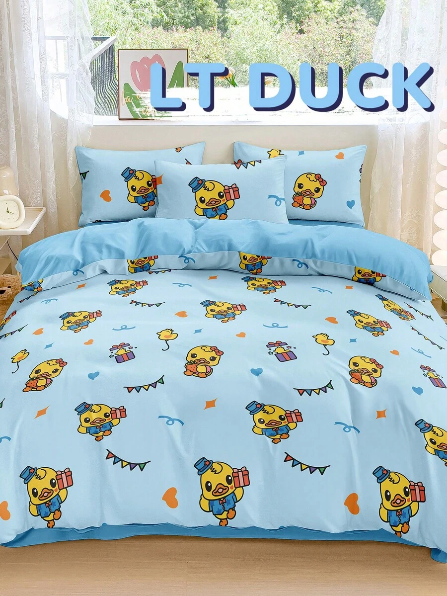 2/3 件 LT DUCK 羽绒被套套装，小黄鸭床上用品套装，亲肤被套套装，卡通风格被套套装，柔软舒适的卧室床上用品套装，带拉链封口角带，透气、轻盈、光滑，适合所有季节，适用于单人床/大号床/特大号床，1 件羽绒被套和 2/1 件枕套，完美的节日礼物，秋季装饰，秋季装饰，房间装饰 - 彩色 - 查看 1