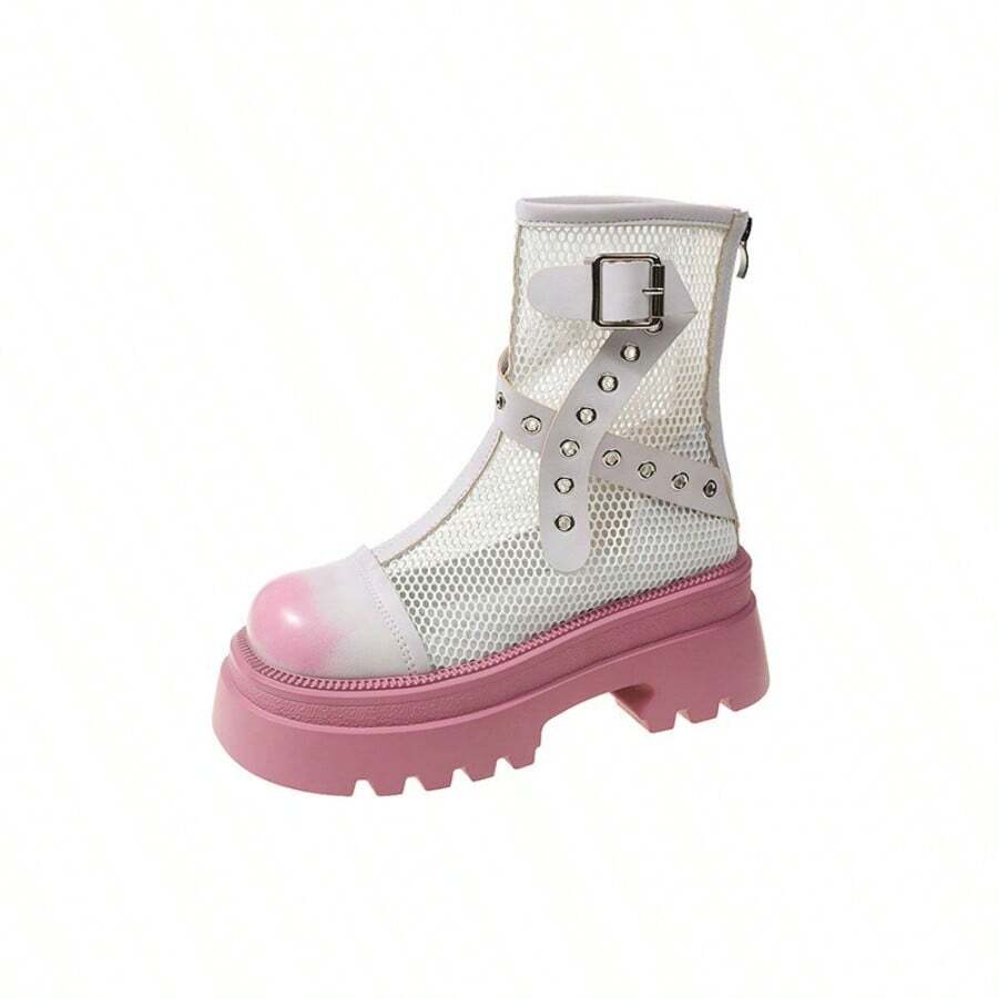 Hollow Women's Summer Thin Breathable Mesh Boots 2025 New Sweet Cool Sandals Thick Bottom Increase Short Boots