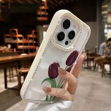 Funda para teléfono 1 unidad, tulipanes oscuros, elegantes flores de primavera, belleza natural, purpurina, doble cara | Funda brillante 11/12/13/14/15/16 con pegatinas de joyas | Regalos de cumpleaños para mujer - Blanco - Ver 1