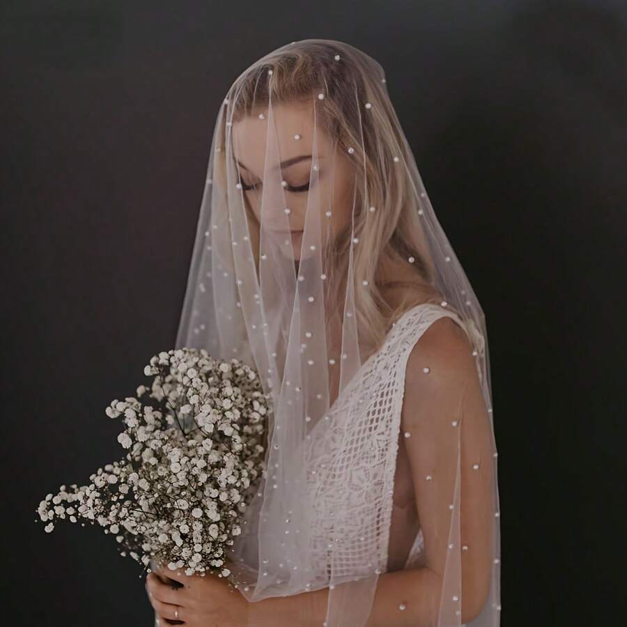 1pc, Bridal Veil With Faux Pearl Decoration, Romantic Wedding Accessory, Elegant Single Tier White Veil With Comb For Bride And Bachelorette Party Decor