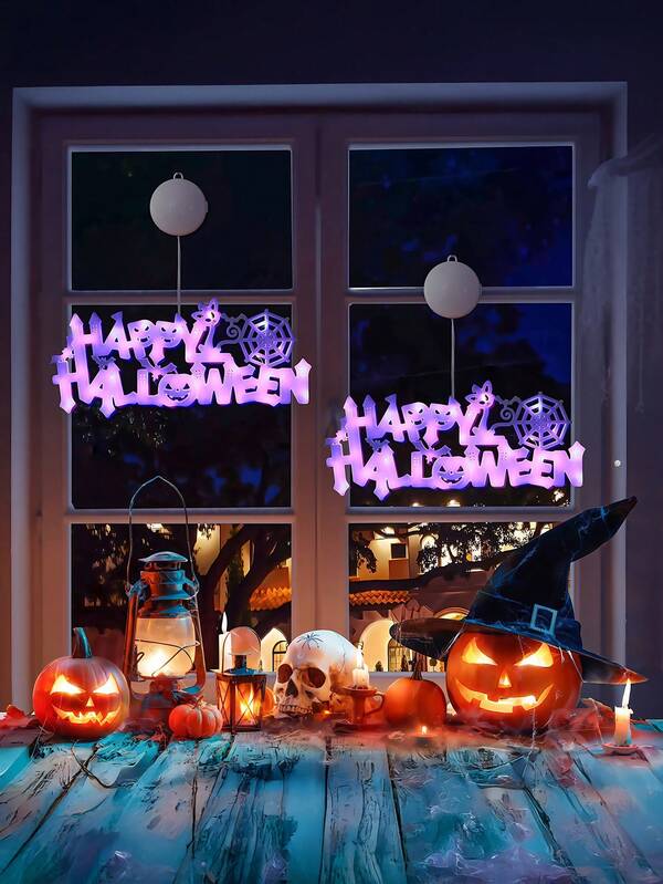 Vintage Horror LED Halloween Decoration Lights - Battery-Powered (Batteries Not Included), Glowing "Happy Halloween" Sign With Spider Web & Web Design, Perfect For Indoor Halloween Party Atmosphere, Halloween Decorations Home Decor Fall Decor Room Decor