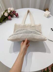 Summer Fashion Resort Beach Bag, Elegant White Ladies Handbag, Crochet Woven Women's Tote Bag, Lunch Bag, Shoulder Bag, Travel Essential, Cruise Essential, Suitable For Casual, Vacation, Shopping And Pairing With Business Casual Outfits, Suitable For Women, College Students, Mother's Day Gift, Wedding Bride & Bridesmaid Gift , Beach Bag - Beige - View 6