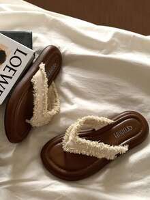 2025年夏季新款女士人字拖夹趾凉鞋厚底休闲沙滩拖鞋 - 米色 - 查看 4