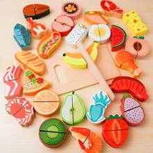 木制蔬菜水果切切玩具套装，儿童厨房烹饪玩具，食物切切玩具套装，适合生日、返校、圣诞节和新年礼物 - 彩色 - 查看 2