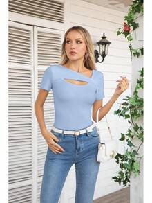 Womens Fashion Fall Cutout Long Sleeve Ribbed Slim Fitted Tops Shirts Tee Tshirts - 短款藍灰色 - 查看 2