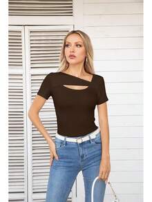 Womens Fashion Fall Cutout Long Sleeve Ribbed Slim Fitted Tops Shirts Tee Tshirts - Short-coffee - View 6