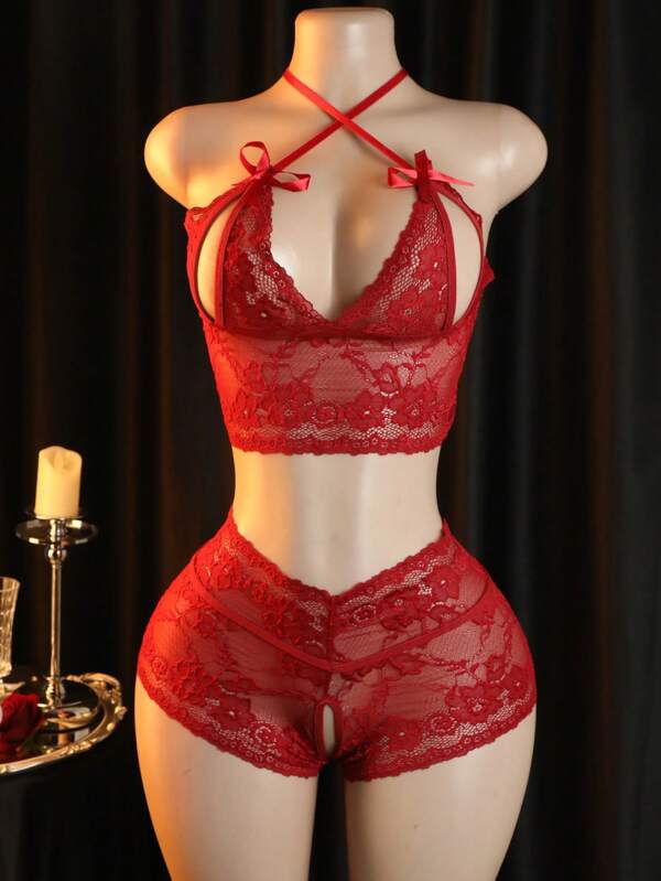 2 Pieces Sexy Lingerie Set With Crossed Straps And Red Bow, Lace Trim And Hollow Design Bra And Open-Crotch High-Waisted Boxer Briefs