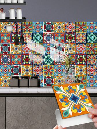 10/20 Pcs Mandala Colorful Flower Tile Kitchen Stickers 10x10/15x15/20x20/30x30cm Self-Adhesive PVC Waterproof Oil-Resistant Wallpaper With Glossy Crystal Film - Peel And Stick Removable Decals For Backsplash Protection, Accent Wall Decor, Rental Apartment Makeover, Boho Home Decor Room Decor Wall Decor, Spanish Mosaic Style Cabinet Cover Wall Paper Wall Stickers Bedroom Living Room Decor