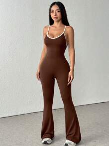 1pc Sleeveless Solid Color Thin Camisole Contrast Color Tight Jumpsuit Wide Leg Flare Casual Sexy Backless Romper Shapewear Bodysuit - Brown - View 3