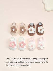 4 Pairs Baby Girls' Floral Decorated Cotton Non-Slip Grip Socks, Suitable For Toddlers Indoor Use - Multicolor - View 4