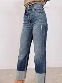 Women's High-Waisted Stretch Slim-Fit Straight-Leg Jeans With Cuffed Design, Elegant Blue Denim Pants Suitable For Commuting, Travel, Streetwear And All Seasons - Blue - View 4