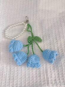 1pc Handmade Crochet Lily Of The Valley Keychain With Pearl Chain, Boho Style Bag Charm, Decorative Pendant For Backpacks Or Bags, Unique Birthday Gift Or Party Favor, 22cm (8.66 Inches) Length, Floral Design In Pastel Colors, Crochet Flowers
