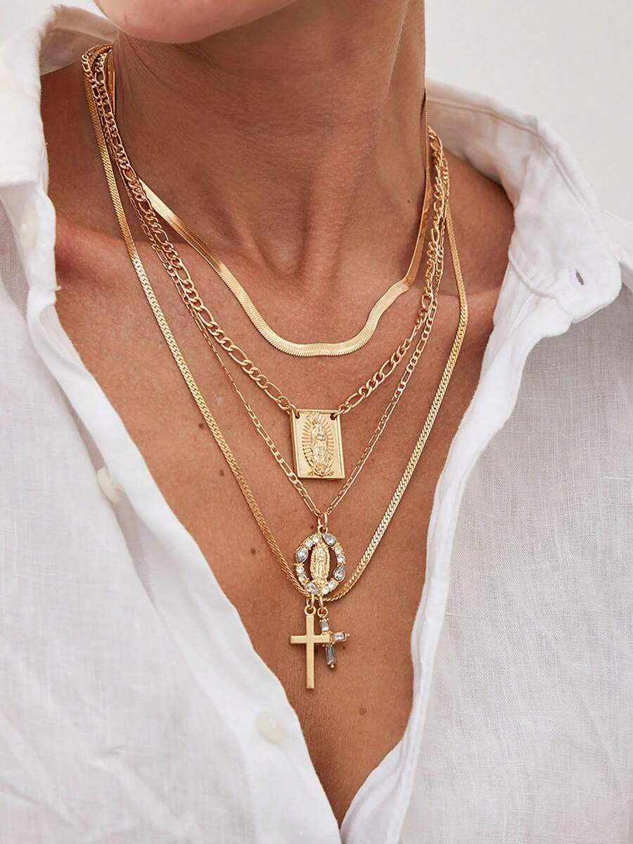 4 件套男女通用高端十字架吊坠多层项链套装，包括蛇骨链、水钻十字架吊坠颈链和多层项链套装 - 女友生日礼物，朋克风格耶稣十字架吊坠项链套装 - 金黃色 - 查看 1