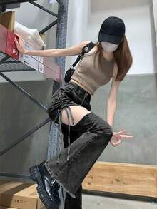 Women's Fashion Hollow Out Drawstring Frayed Hem Flare Leg Jeans - Black - View 5