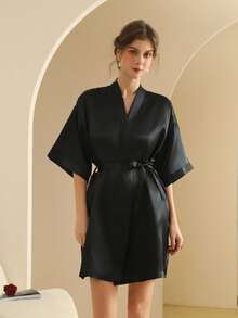 Camisón de seda para mujer, bata de novia para vestir, bata ligera tipo cárdigan, bata de mañana para novia, bata para amiga, adecuada para uso en casa y hotel. - Negro - Ver 4