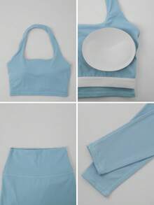 NcmRyu 1套女士性感露背吊带背心和紧身裤运动套装 - 藍色 - 查看 3